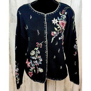 Vintage Heirloom Collectibles Embroidered Cardigan Black L Beaded Floral Beaded
